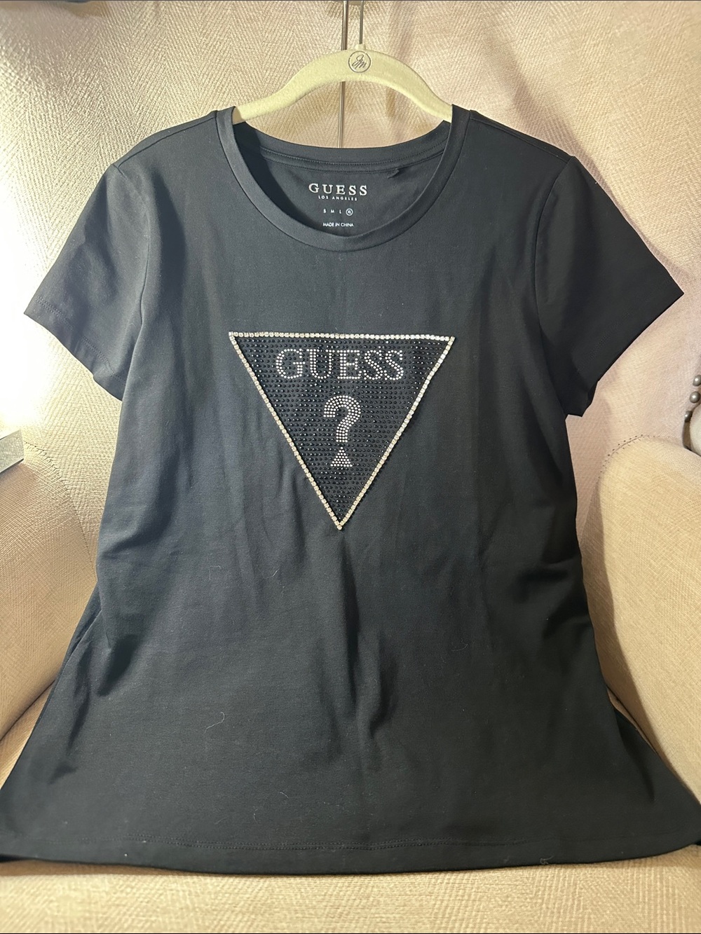 GUESS Black Short Sleeve Tee with Crystal Triangle Logo. NWOT. PTP 19”
